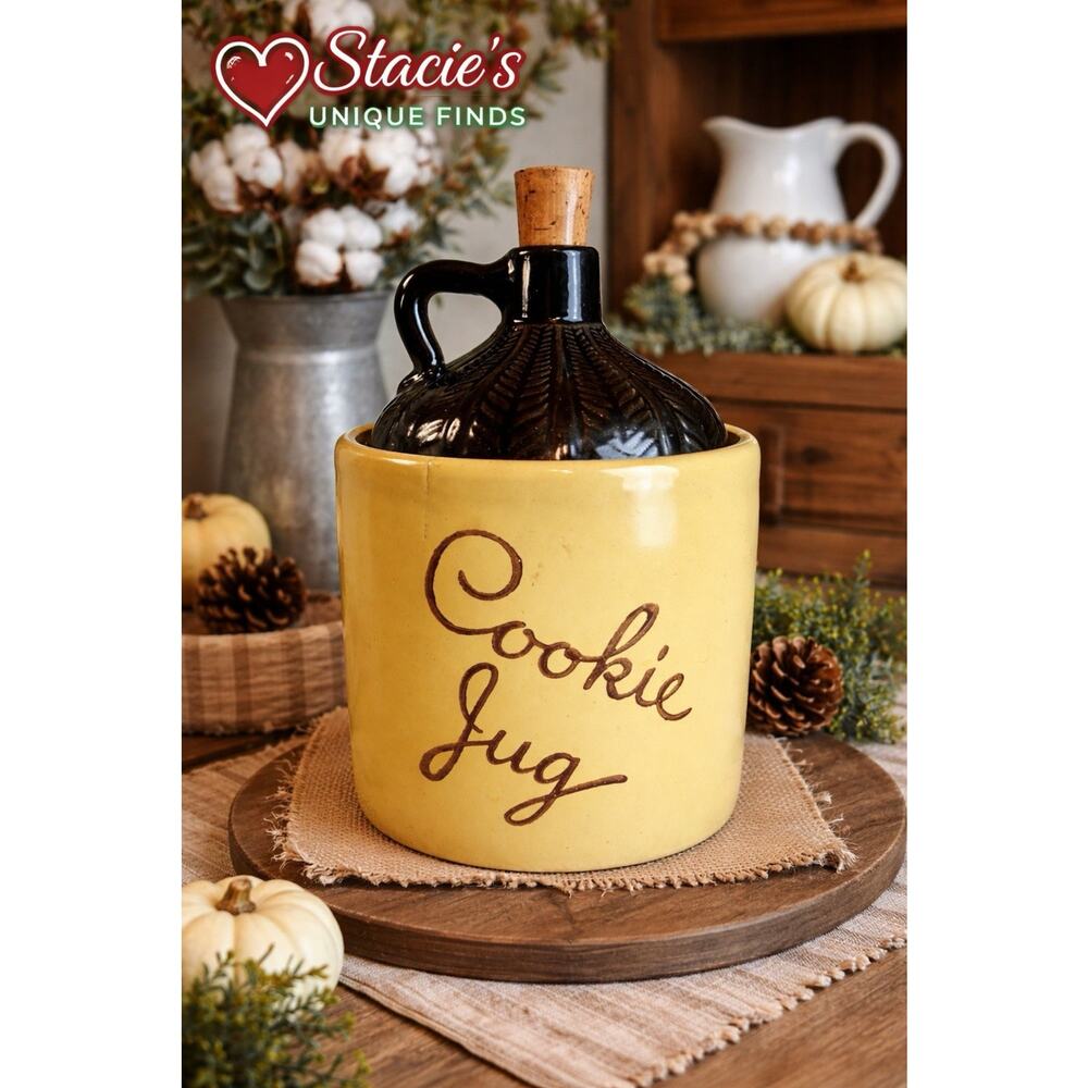 Vintage Stoneware Cookie Jug Crock Yellow Black Pottery w/ Cork Lid